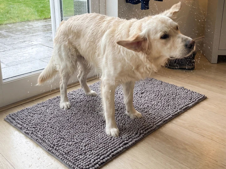 A wet golden retriever shakes off rain water on a grey Muddy Mat just inside a glass back door.