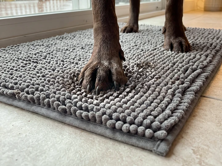A muddy chocolate Labrador paw standing on the Mudlock fibers of a grey Muddy Mat at a rainy glass door, dark brown mud pressed down between the Mudlock™ fibers around the paw