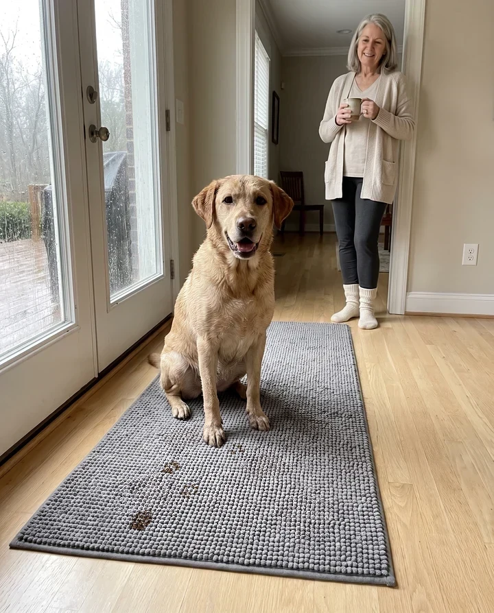A yellow Lab with wet, muddy front paws sits on a grey Muddy Mat runner just inside rainy glass French doors, muddy paw prints smudged on the mat while the pale wood floor beyond stays clean and a smiling woman with a coffee mug looks on