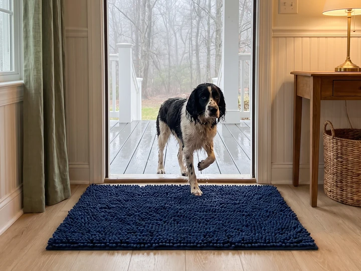 A wet springer spaniel steps in from the rainy porch onto a navy Muddy Mat in a pretty front hall, with a brass lamp, a sage curtain and a wicker basket by the door