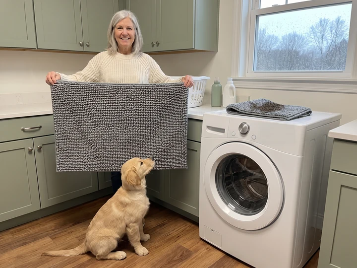 A smiling woman in a cream sweater holds a clean grey Muddy Mat up by its top corners in a laundry room while a golden retriever puppy sits and looks up, a muddy mat folded on top of the front load washer