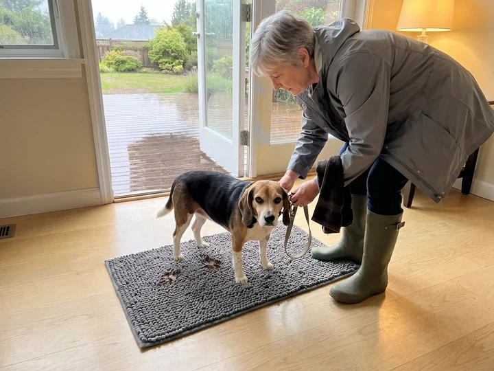 A woman in rain boots bends to dry a beagle with a towel on a grey Muddy Mat just inside an open back door on a rainy day.