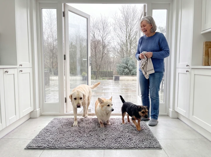A yellow Lab, a corgi and a small terrier stand together on a long grey Muddy Mat inside open French doors on a rainy day while a woman smiles beside them.