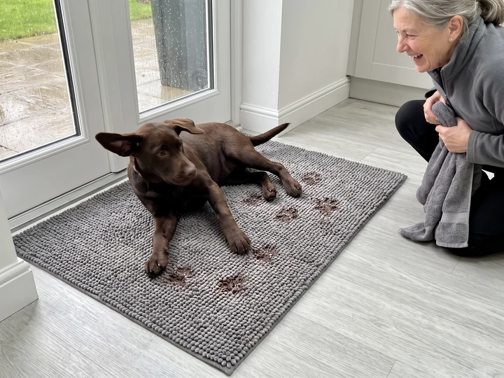 A chocolate Lab lies on a grey Muddy Mat inside a rainy back door while a smiling woman kneels beside him with a towel.