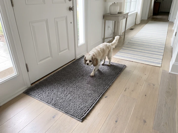 A cream and white Cavalier spaniel, a little mud on its paws, walks across a grey Muddy Mat just inside the front door, a striped runner and clean oak floor beyond