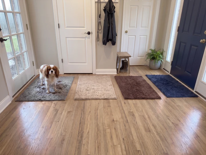 A wet Cavalier King Charles spaniel stands on a grey Muddy Mat inside a rainy back door, with beige, chocolate and navy Muddy Mats along the hall.