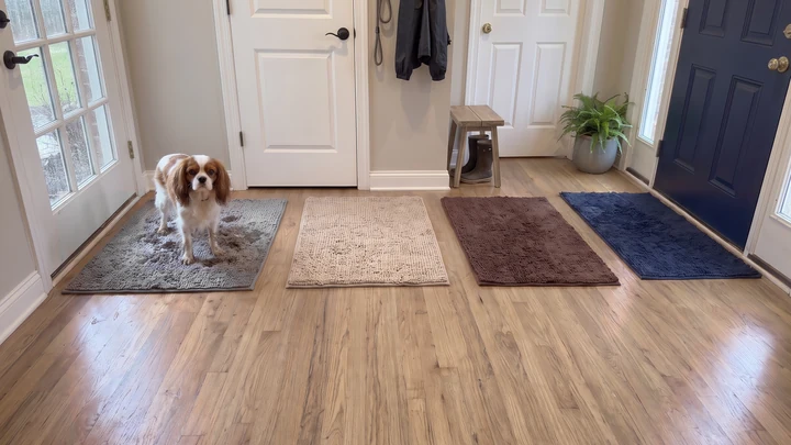A wet Cavalier King Charles spaniel stands on a grey Muddy Mat inside a rainy back door, with beige, chocolate and navy Muddy Mats at the other doors along the hall.