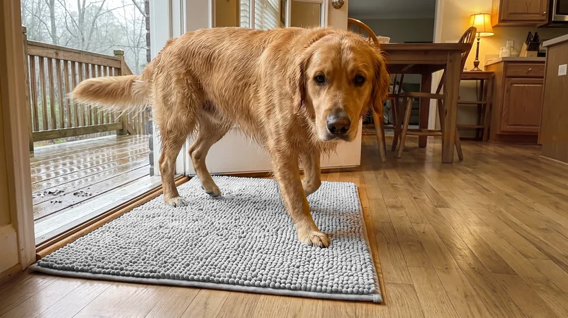 A wet golden retriever steps in from a rainy deck through the open door onto a grey Muddy Mat, the hardwood kitchen floor beyond the mat clean and dry